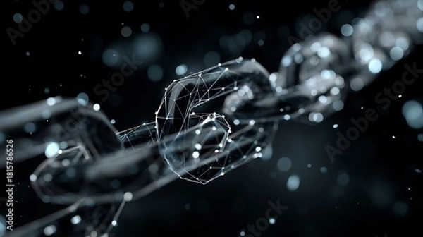 Fototapeta A complex blockchain chain with intricate connections and nodes, set against a dark, abstract background with floating particles.