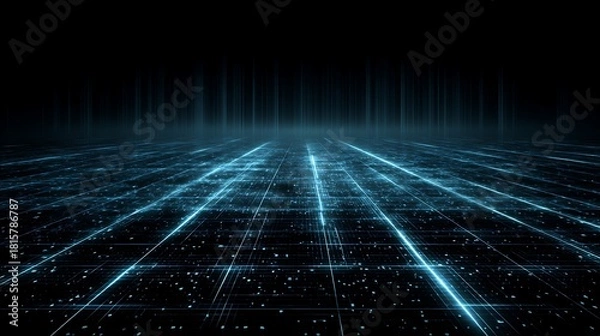 Fototapeta A digital landscape with glowing blue lines and grid patterns, set against a black background.