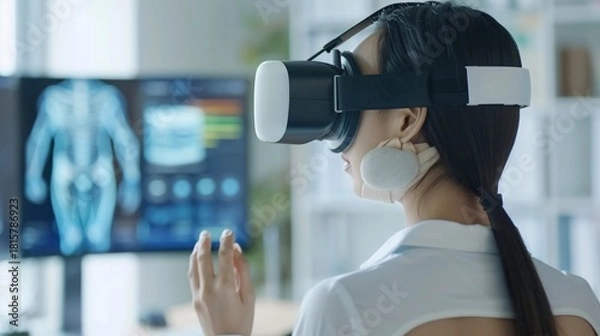 Fototapeta Asian person wearing VR headset examining a medical scan on a screen