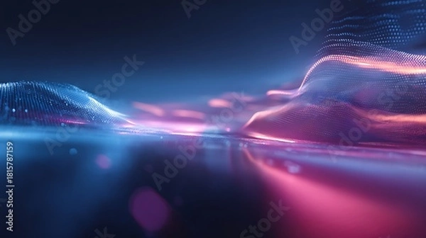 Fototapeta A futuristic, digital landscape with vibrant, neon lights and geometric shapes, set against a dark, starry sky.