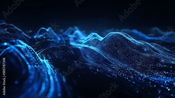 Fototapeta A mesmerizing digital wave of blue particles and lines against a dark background.