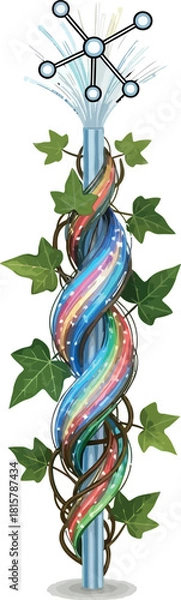 Fototapeta Abstract technology pillar with fiber optics and ivy vector illustration for data connection and growth concepts isolated on white