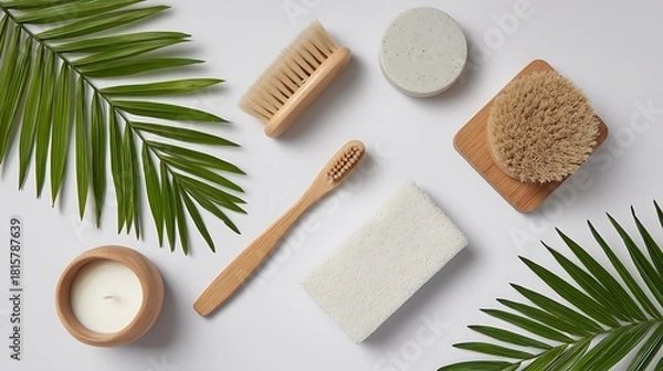 Fototapeta A serene and calming spa set featuring bamboo and palm leaves, a wooden toothbrush, and a white sponge, all set against a white background with a subtle palm leaf pattern.