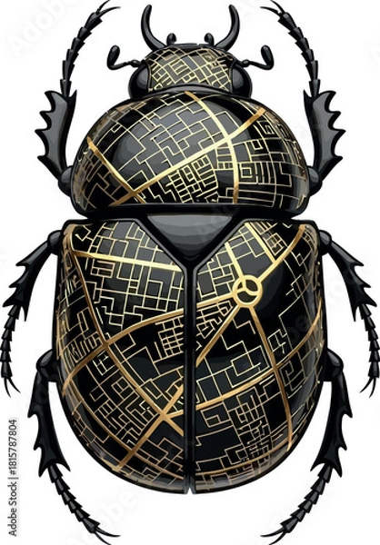 Fototapeta Stylized scarab beetle illustration featuring intricate gold line patterns on a black background perfect for graphic design and symbolic representations