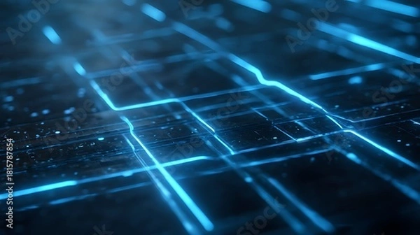 Fototapeta A complex circuit board with glowing blue lines and intricate patterns, set against a dark background.