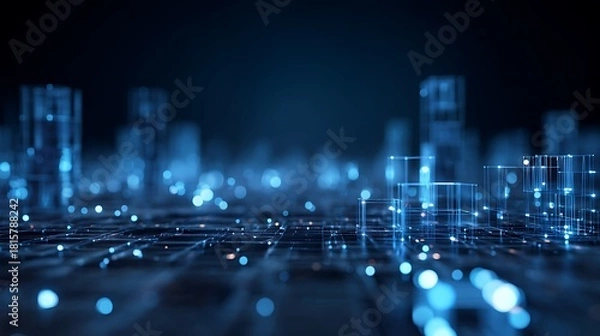 Fototapeta A futuristic cityscape illuminated with blue lights, featuring a complex network of glass and metal structures, with a blurred background of other buildings.