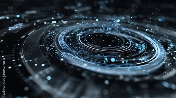 Fototapeta A complex, abstract digital interface with swirling, glowing circles and a dark, metallic background.