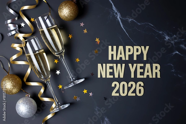 Fototapeta sophisticated happy new year 2026 design with champagne glasses and metallic accents