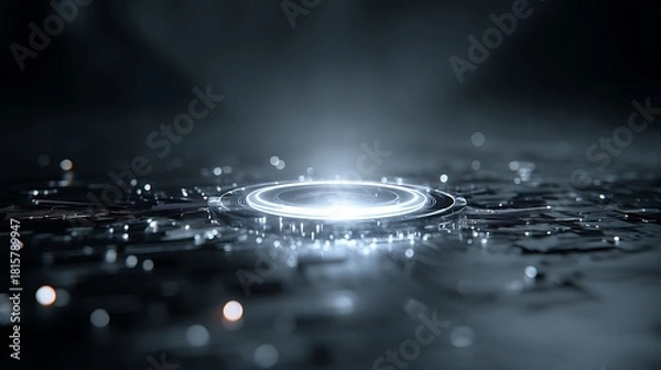 Fototapeta A sleek, futuristic digital platform with a glowing, circular interface and a reflective, metallic surface, set against a dark, industrial background.