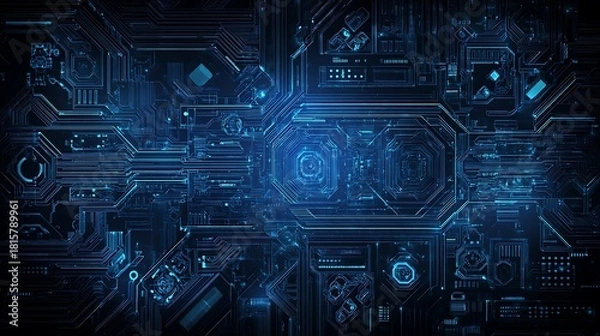 Fototapeta A complex, intricate network of electronic components and circuits in a futuristic, high-tech setting.