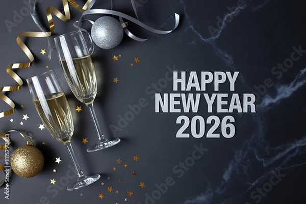 Fototapeta elegant happy new year 2026 with champagne flutes and gold silver decorations