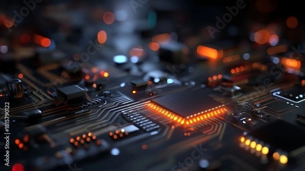 Fototapeta A complex electronic circuit board with intricate wiring and glowing orange lights, set against a dark background.