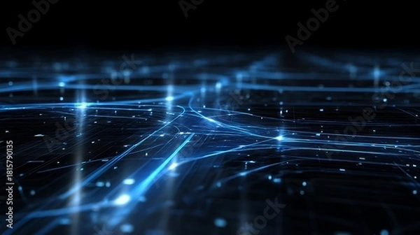 Fototapeta A digital landscape with glowing blue lines and dots, representing data and information flow, set against a dark background.