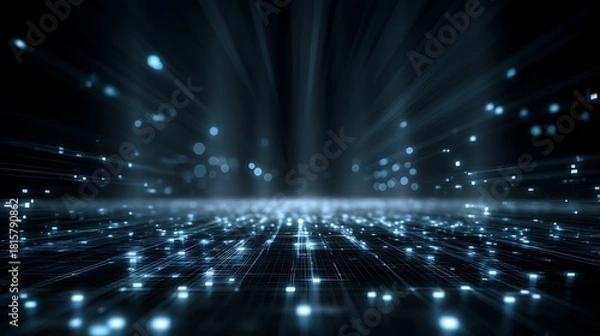 Fototapeta A digital landscape with glowing blue lights and a dark, high-tech background, featuring a grid of squares and lines.