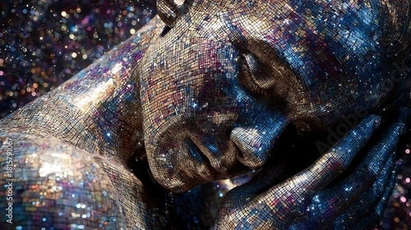 Fototapeta A detailed, multi-tiered sculpture adorned with sparkling elements, showcasing intricate craftsmanship and vibrant colors.