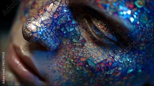 Fototapeta A person with a glittering, iridescent face mask, possibly a mask used for a masquerade or theatrical performance.