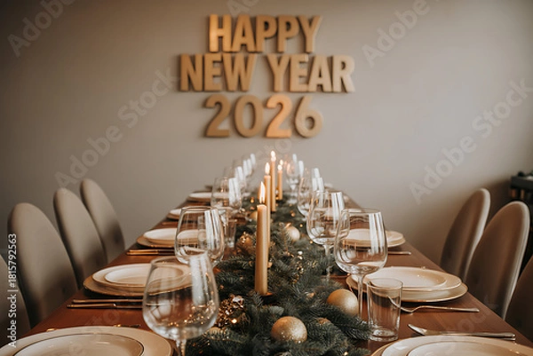 Obraz festive holiday dinner table for 2026 with greenery centerpiece and elegant place settings