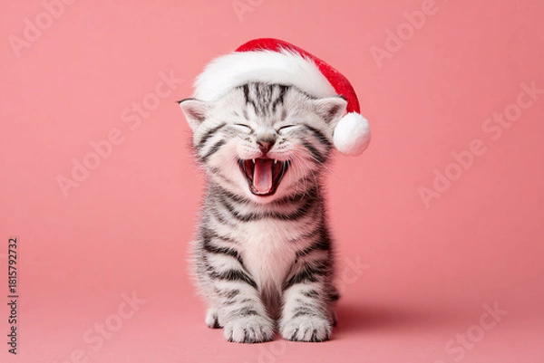 Obraz Cute Christmas Cat Portrait on Solid Background