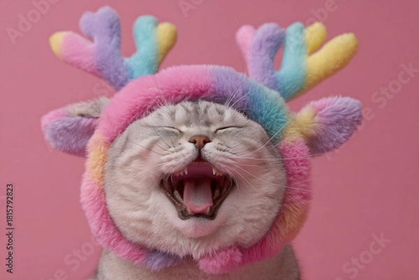 Obraz Cute Christmas Cat Portrait on Solid Background