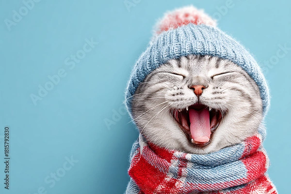 Obraz Cute Christmas Cat Portrait on Solid Background