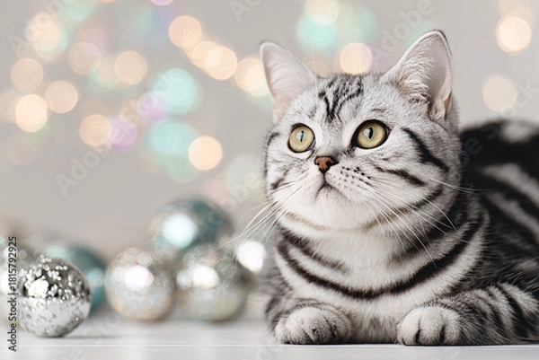 Obraz Cute Christmas Cat Portrait on Solid Background