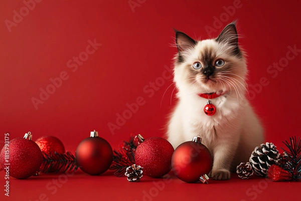 Obraz Cute Christmas Cat Portrait on Solid Background