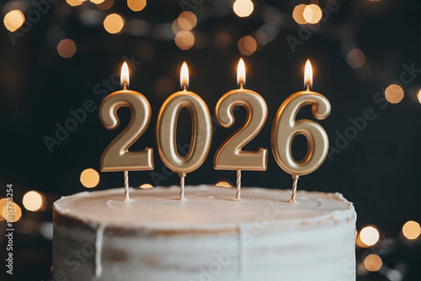 Fototapeta festive 2026 cake decoration with golden numbers and romantic bokeh background
