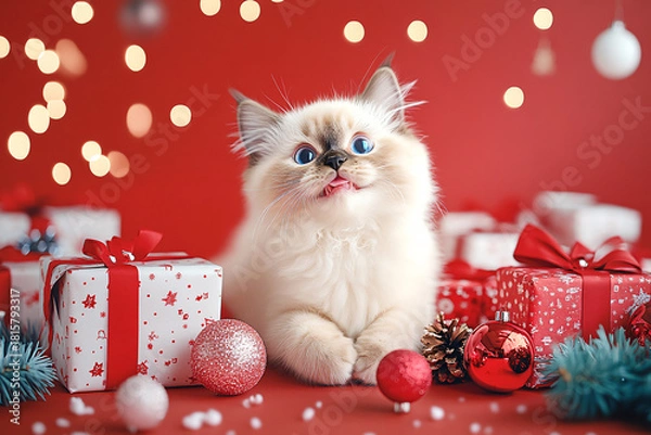 Obraz Cute Christmas Cat Portrait on Solid Background