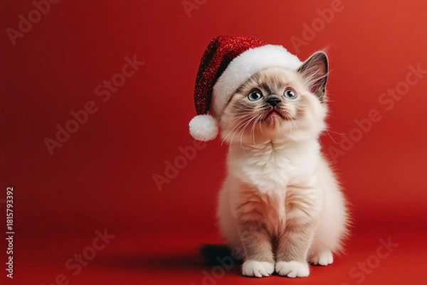 Obraz Cute Christmas Cat Portrait on Solid Background
