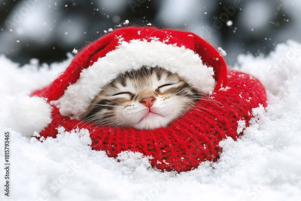 Obraz Cute Christmas Cat Portrait on Solid Background
