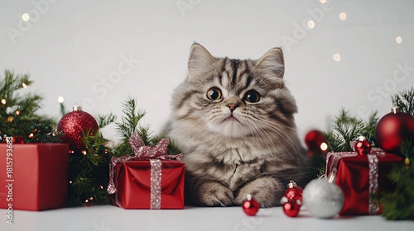 Obraz Cute Christmas Cat Portrait on Solid Background