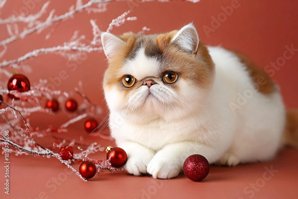 Obraz Cute Christmas Cat Portrait on Solid Background