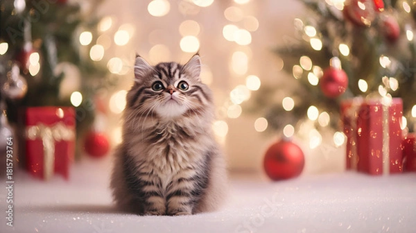 Obraz Cute Christmas Cat Portrait on Solid Background