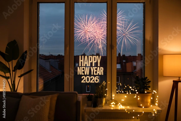 Obraz happy new year 2026 from cozy living room with fireworks view through window