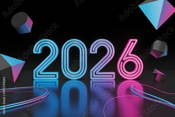 Obraz digital 2026 background with neon aesthetics and geometric floating elements