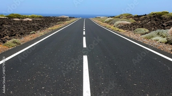 Fototapeta Asphalt road stretches endlessly, leading towards a distant horizon over blue water