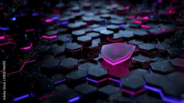 Fototapeta A glowing, futuristic shield symbolizes cyber security on a hexagonal grid background with glowing hexagons and a dark, metallic texture.