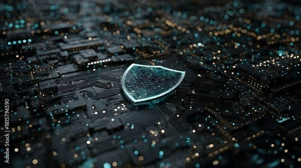 Fototapeta A shield symbolizing cybersecurity sits atop a complex circuit board, highlighting the importance of digital security in modern technology.
