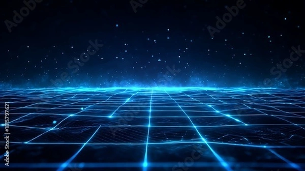 Fototapeta A digital grid with glowing blue lines and particles, set against a dark, starry sky.