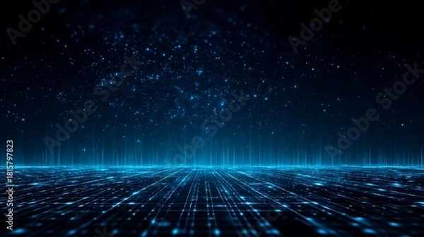 Fototapeta A futuristic, digital landscape with a grid of glowing blue dots and a starry sky in the background.