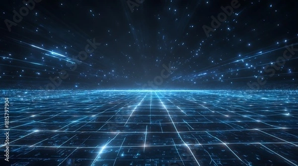 Fototapeta A vast, glowing digital landscape with a grid of lines and points, illuminated by a starry sky and a bright light source in the distance.