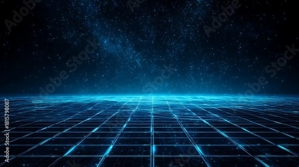 Fototapeta A digital grid with glowing blue lights and a starry sky in the background.