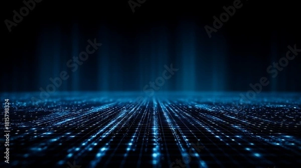 Fototapeta A futuristic, digital grid with blue lights and lines, set against a dark background.