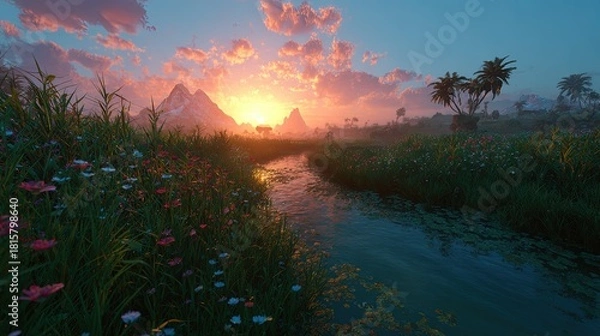 Obraz Colorful Floral Meadow River Scene Sunset