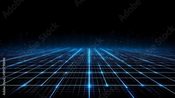 Fototapeta A digital, grid-like landscape with glowing lines and a dark, starry background.