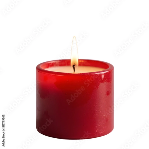 Fototapeta Romantic red burning candle isolated on white background with a bright, glowing flame