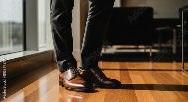 Obraz Businessman standing by window wearing leather shoes