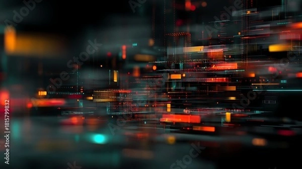 Fototapeta A futuristic, digital cityscape with vibrant lights and abstract shapes, set against a dark background.