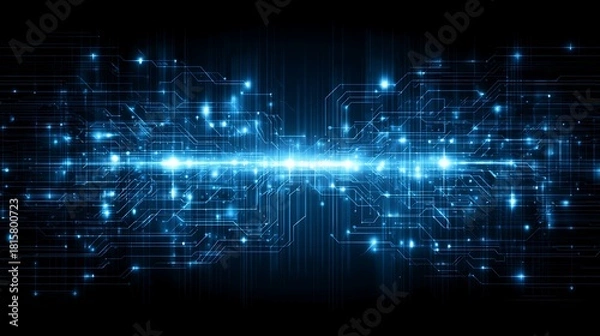 Fototapeta A futuristic circuit board with glowing blue lights and intricate lines, set against a dark background.
