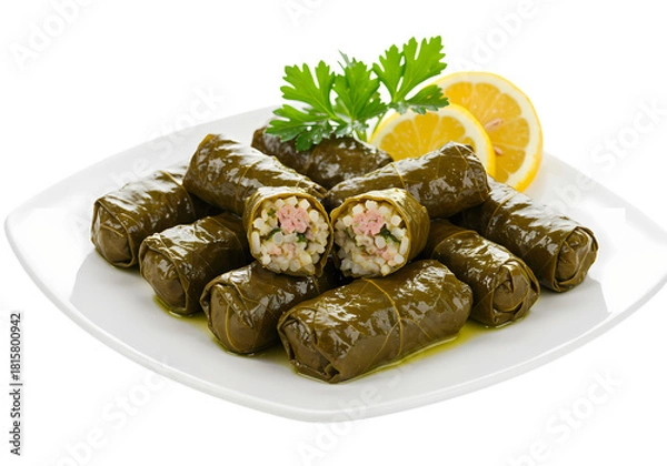 Fototapeta Delicious stuffed grape leaves with lemon and parsley garnish